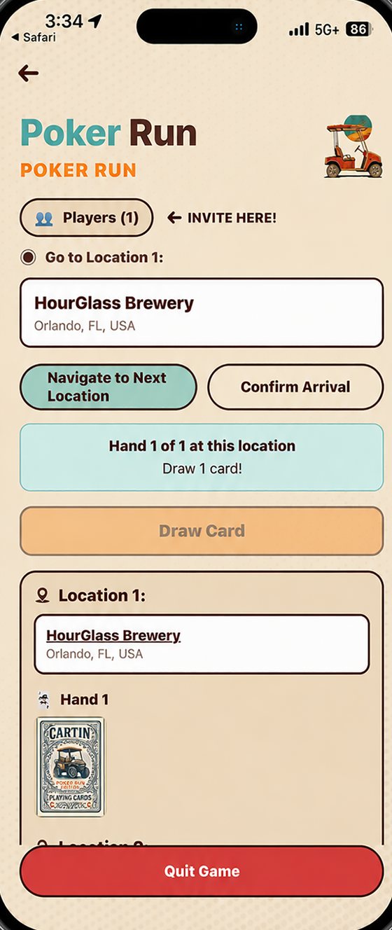 Poker run: go to HourGlass Brewery, confirm arrival and draw a card
