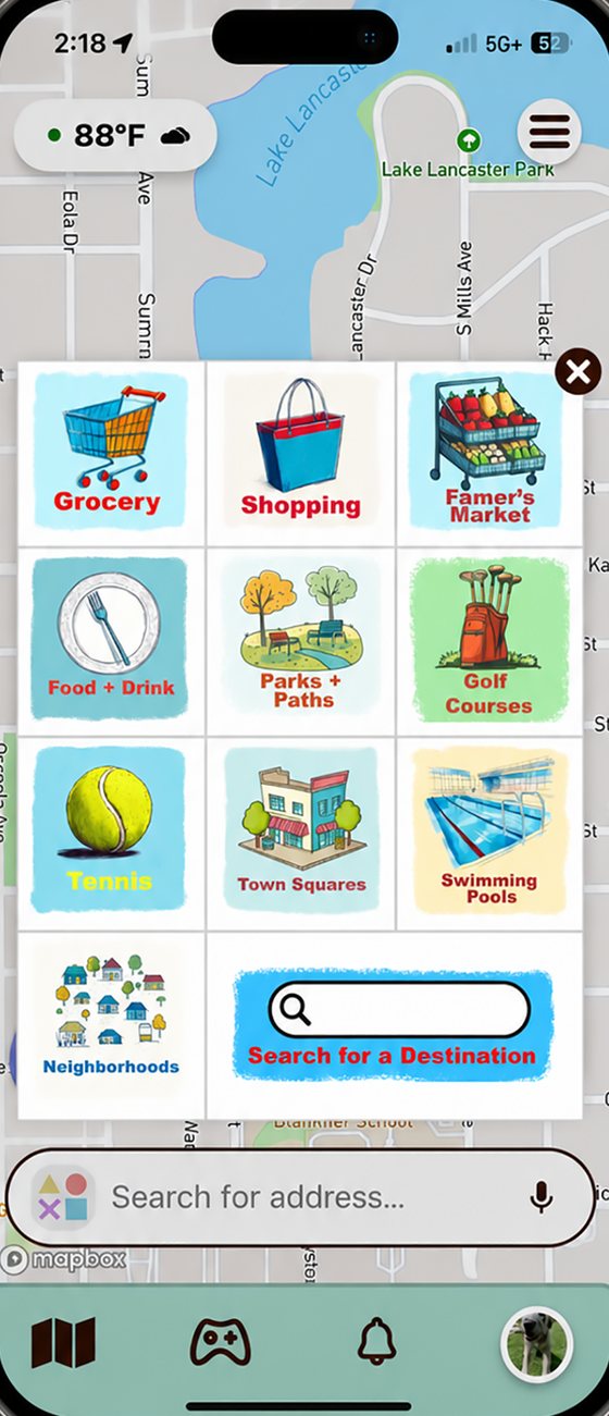 Search categories: grocery, shopping, farmer’s market, food and drink, parks, golf, tennis, pools