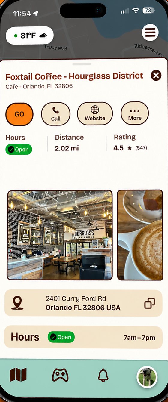 Foxtail Coffee place card with Go, Call and Website buttons, hours and distance