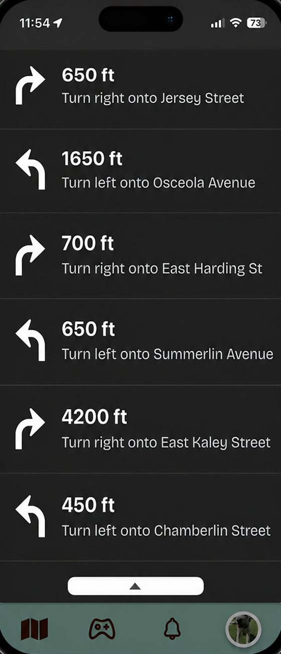 Turn-by-turn list: 650 ft turn right onto Jersey Street, then Osceola Avenue