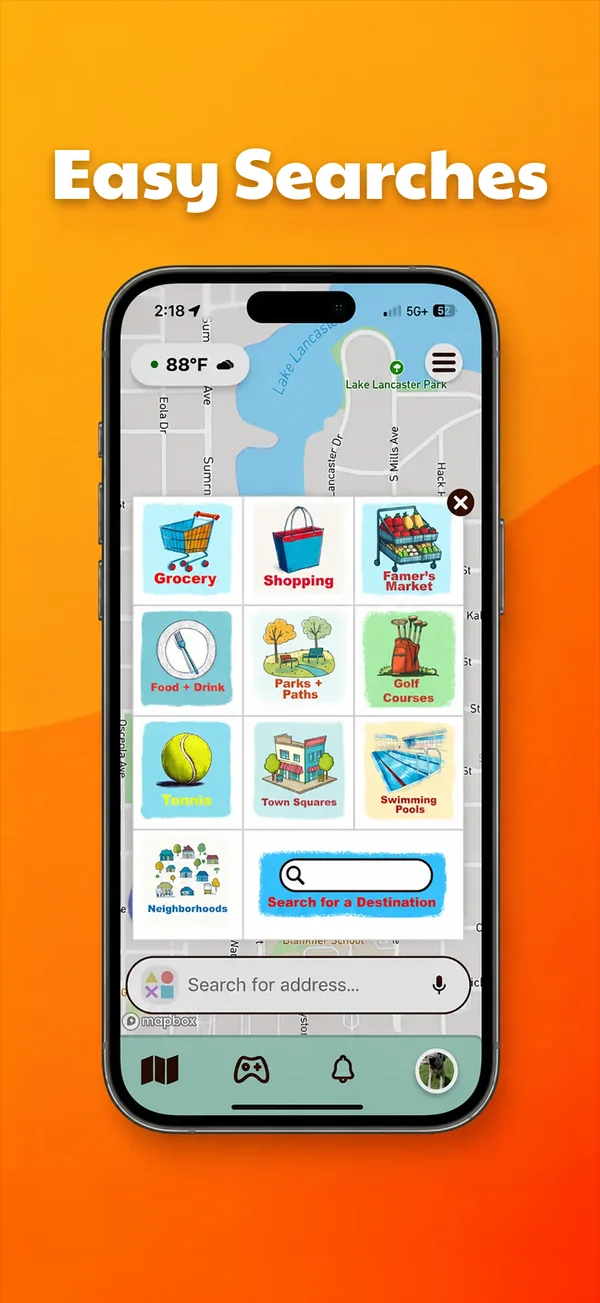 Category tiles for grocery, food and drink, parks, golf, tennis, pools and more