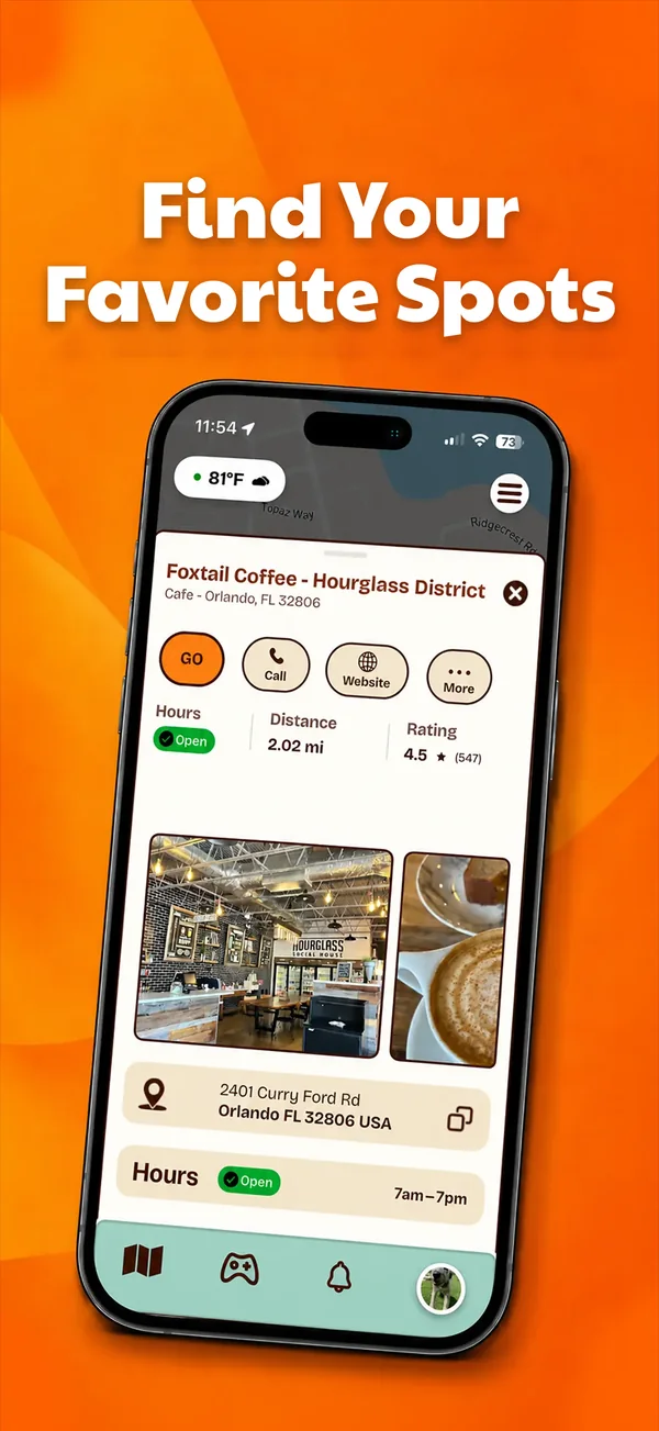 A coffee shop card with hours, distance, rating and a Go button