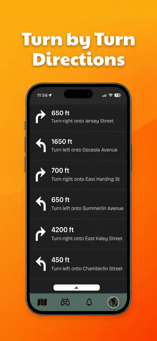 Turn-by-turn directions list with distances to each turn
